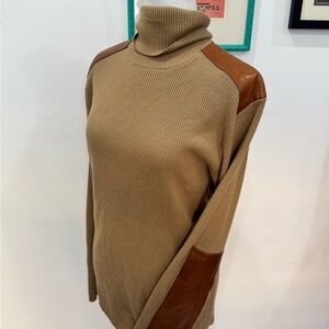 DESIGNER Ralph Lauren Black Label Wool-Cashmere Leather Patch Knit Turtleneck